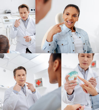 collage of dentist pointing with fingers near african american patient in braces and holding teeth model