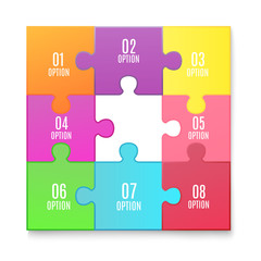 Jigsaw puzzle poster with 8 connected colorful option tiles and missing piece