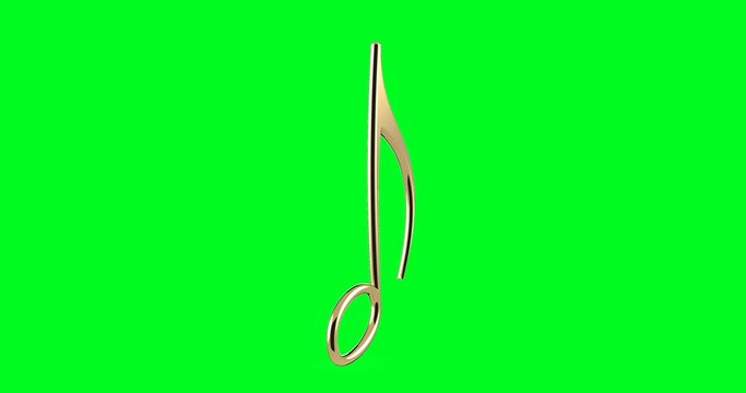 Golden musical note on green chroma key. 4K resolution. 3D Illustration.