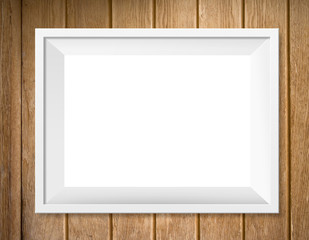 White frame on wooden wall background, mockup