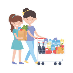 Women shopping with cart and bag vector design