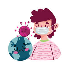 Man with mask world and Covid 19 virus vector design