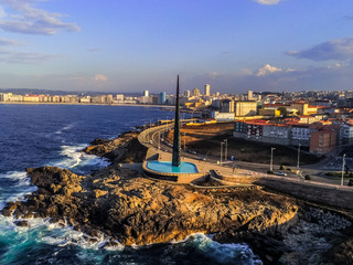 Millenium Obelisk in La Coruna. Aerial View in the beautiful city of Galicia,Spain. Drone Shoot