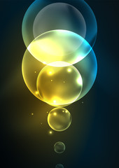 Glowing neon shiny transparent bubbles, glass circles or bio cell concept. Techno futuristic vector abstract background For Wallpaper, Banner, Background, Card, Book Illustration, landing page
