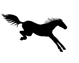 Fototapeta na wymiar Horse. Vector black silhouette of a horse landing after a jump - a sign for a pictogram or logo. Jumping horse is being landed - icon.
