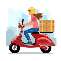 Foto op Plexiglas Woman driver with a pizza on the city background. Safety scooter delivery and service concept. Woman courier character riding moped with the boxes of pizza. Vector illustration in flat style. © Natalya Manycheva