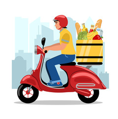 Safety scooter delivery and service concept. Courier with a food on the city background. Delivery man character riding scooter with the box of products. Vector illustration in flat style.