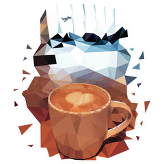 Vector illustration of polygons cappuccino Cup with a heart on milk foam. Cafe with coffee in the waiting room at the airport. People and huge Windows with a plane in the background.