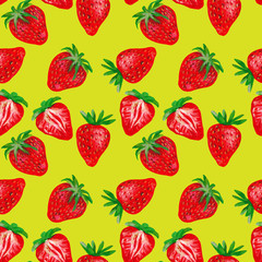 Strawberries on a yellow background. Fruit seamless pattern design for wallpaper, paper, packaging, textile, fabric.