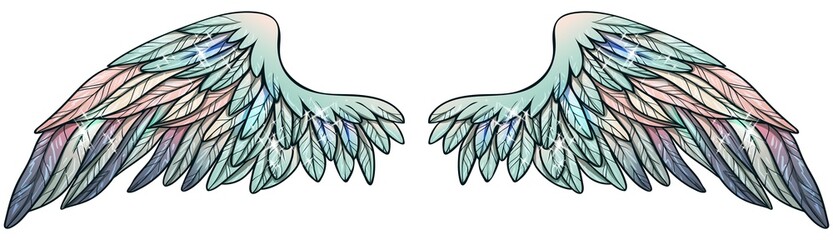 Beautiful magic glowing glittery shiny angel green blue pink vector wings