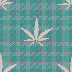 Cannabis leaves seamless vector pattern background. Teal and pink hemp foliage on tartan plaid backdrop. Stylish botanical marijuana design. All over print for wellness, health concept,packaging,print