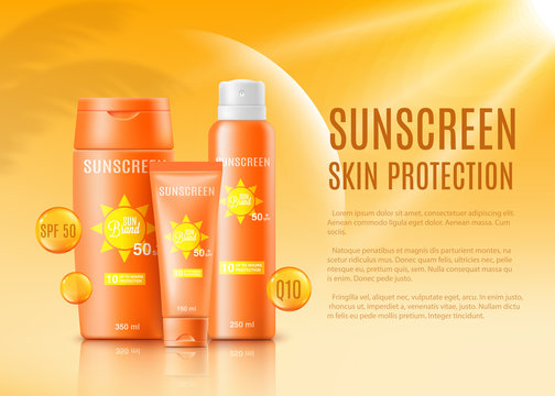 Sunscreen Skin Protection Ad Poster Mockup With Orange Cosmetic Bottles
