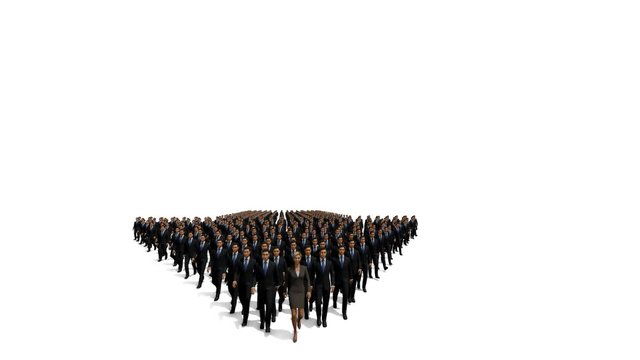 Businessmen with a businesswoman in front forming arrow shape pointing right, 4K, against white