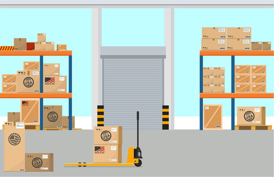 Vector isometric icon set representing warehouse building, truck, forklift loading goods in crates