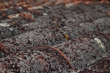 Old rustic rooftop, diagonal lines. Closeup, horizontal, shallow DOF.