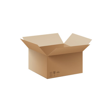 Realistic open cardboard box with package shipping symbols