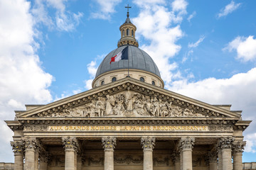 Paris, France - April 17, 2020: Details of pediment of the Pantheon in Paris
