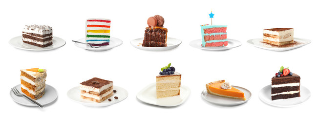 Set with different cake pieces isolated on white. Banner design
