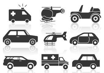 Naklejka premium Solid icons set, transportation. Car side view. Helicopter, emergency ambulance and shadow. vector illustrations.