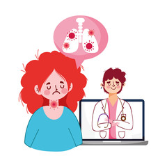 Woman with sore throat lungs man doctor and laptop vector design