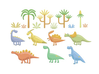 Set of cute flat dinosaurs on a white background.