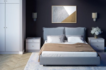 A cozy bedroom with a horizontal poster on a dark wall. A bed with a beige blanket between two nightstands, next to a wardrobe. Front view. 3d render