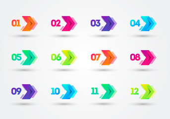 Vector Illustration Modern Colorful Bullet Points With Number 1 To 12. Arrows In Cyber Look