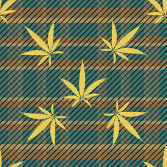 Fototapeta na wymiar Cannabis leaves seamless vector pattern background. Green teal gold hemp foliage on tartan plaid backdrop. Stylish botanical marijuana design. All over print for wellness, health, self care concept