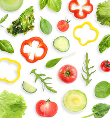 Set of different vegetables and herbs on white background, top view. Fresh ingredients for salad