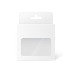 White retail pack box with hang tab and clear plastic window