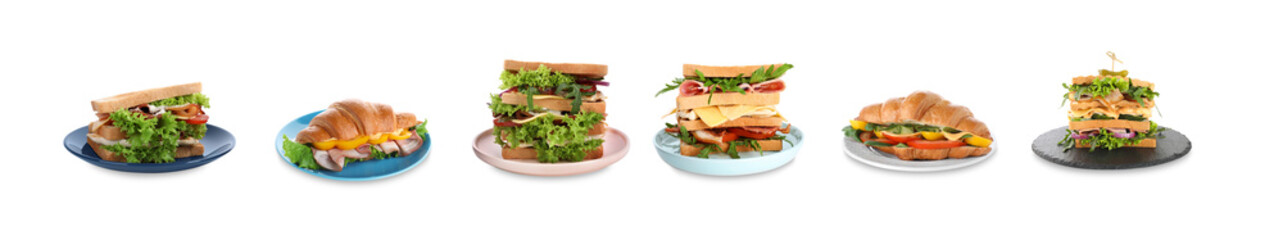 Set of different yummy sandwiches on white background. Banner design