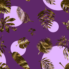 Gold tropical exotic leaves and fern branches seamless pattern.