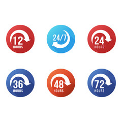 12, 24, 36, 48 and 72 hours order execution or delivery service icons. Vector illustration. 24 / 7 icon with arrow