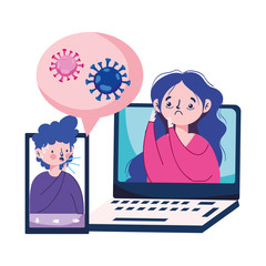 Man and woman with dry cough fatigue laptop and smartphone vector design