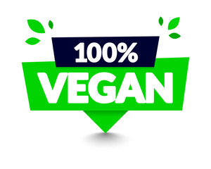 Vector Illustration 100 Percent Vegan Tooltip Label. Modern Web Banner Element With Leaf