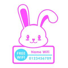 Bunny with free wifi signal, illustration, vector on white background. Free Wifi Wireless Network. user and password on frame with pink bunny.