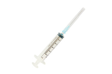 Syringe with needle cap isolated on white background. Medical equipment for vaccination and...