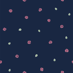 Seamless pattern of small roses and leaves on dark blue. Floral print