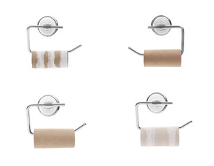 Set with empty paper toilet rolls on white background