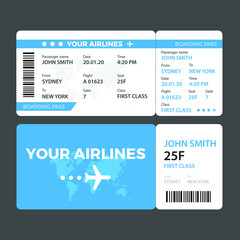 Naklejka premium Modern airline ticket design with flight time and passenger name. vector illustration