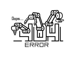 404 Error Page. Page Not Found Error 404. Robot arm. Robotic industry concept. Flat Style. isolated on white background