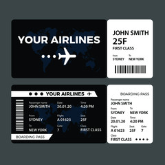 Modern airline ticket design with flight time and passenger name. vector illustration