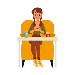 Cartoon girl eating burger sitting on big chair with table