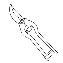 Hand drawn outline black vector illustration of a beautiful metal garden secateurs for gardening isolated on a white background