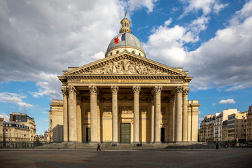 Paris, France - April 17, 2020: 32th day of lockdown because of Covid-19 in front of Pantheon in Paris. Streets are empty