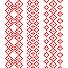 Red folk cross-stitch ornaments: traditional seamless decoration, textile print design. Vector graphics.