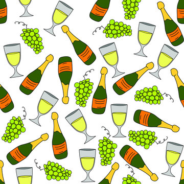 Bottels and glasses with sparkling wine and grapes on white background: seamless pattern, wallpaper print design, wrapping texture. Vector graphics.