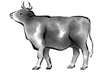 牛の水墨画イラスト　年賀状素材