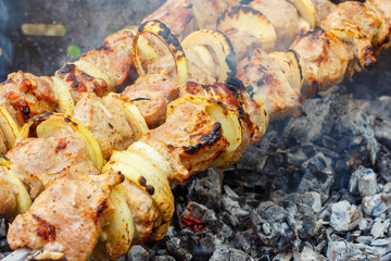 Tasty juicy meat cooked on skewers on a fire