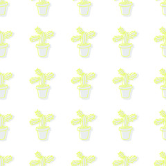 Pale cactus silhouettes on white background: light seamless pattern, wallpaper print design, wrapping texture. Vector graphics.
